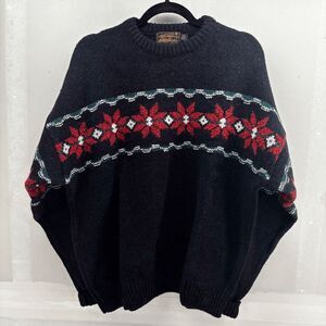 Vintage Eddie Bauer Christmas Poinsettia Made USA Mens L Black Red Wool Sweater
